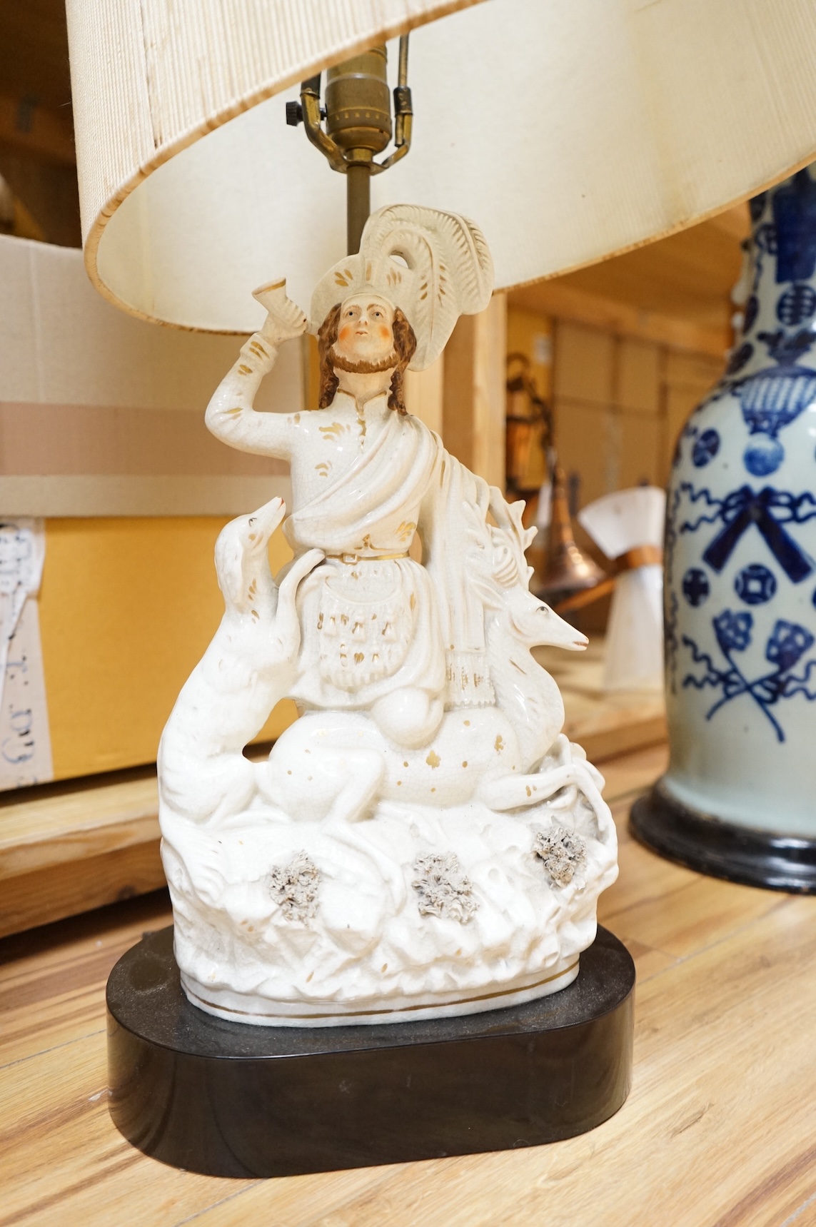 Three Victorian Staffordshire flat back groups, converted and mounted as table lamps, approximately 47cm high